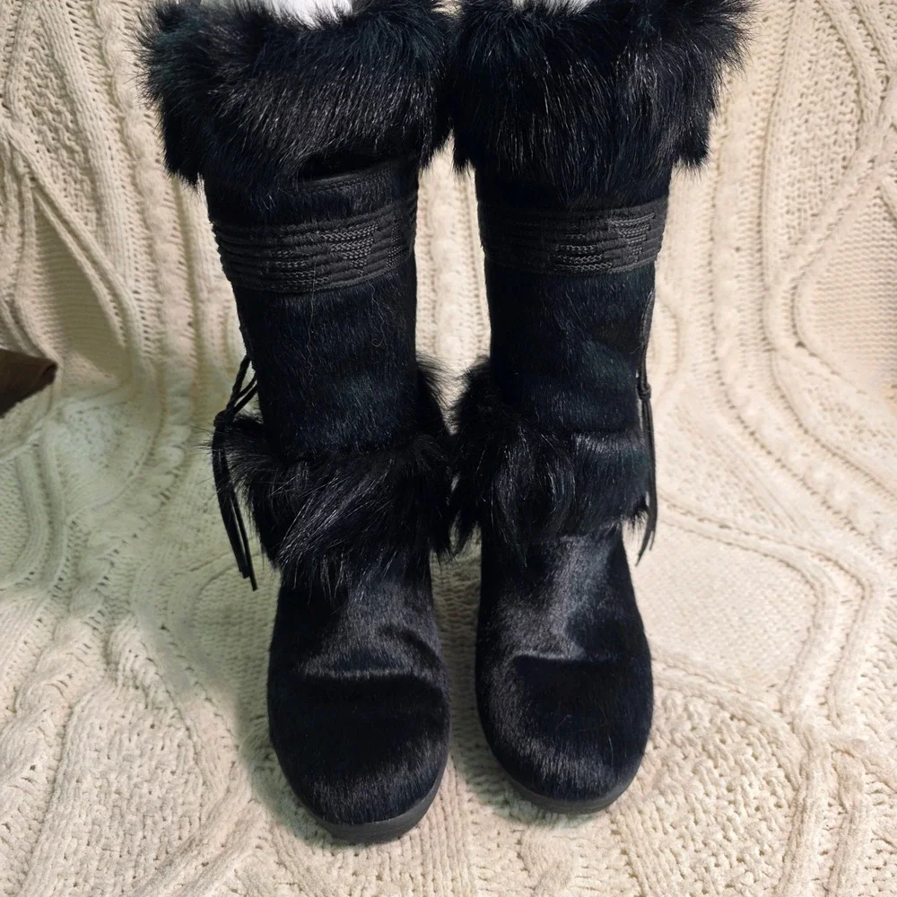 VTG Tecnica Snow Boots Black FULL‎ GOAT HAIR Mid Calf Rare Womens 39 Excellent